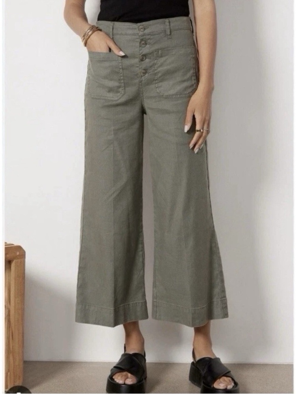 Evereve Joelle Stretch Linen Cropped Wide Leg Olive Size 25